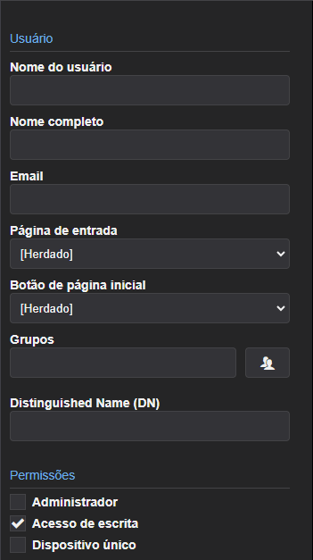 Janela de criação de um usuário LDAP