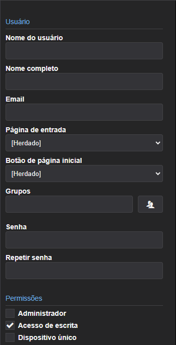 Janela de criação de um usuário Mobile
